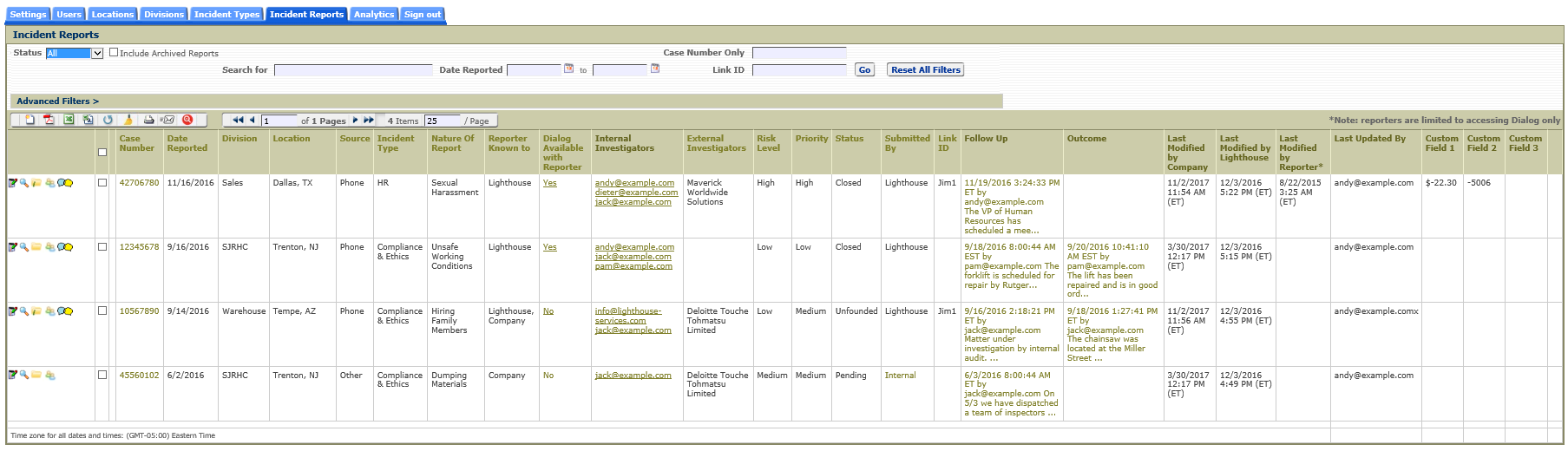 CMS incident reports tab